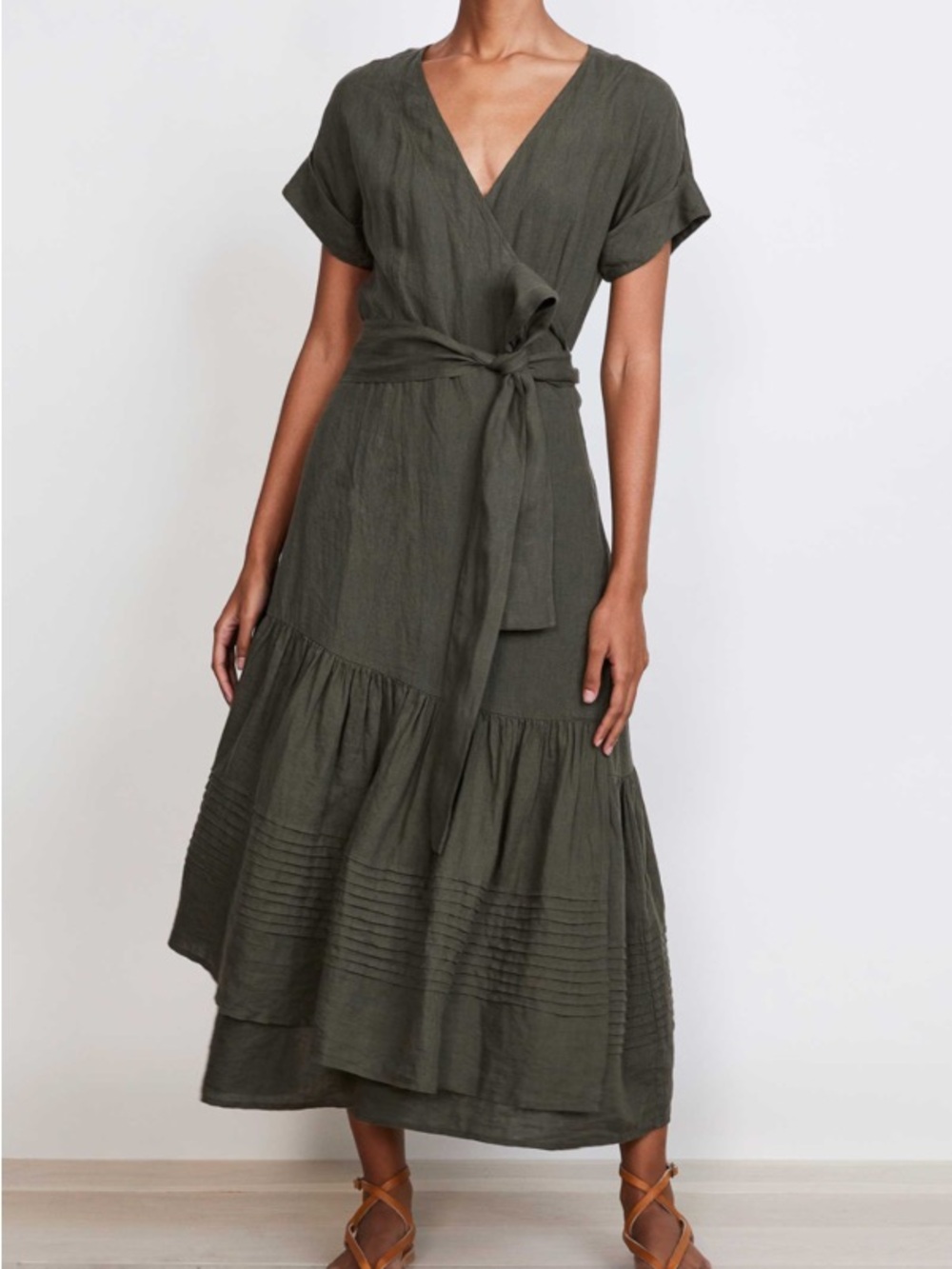 Apiece Apart Green Tiered Amaro Wrap Midi Dress 100% Linen Short Sleeve Size XS